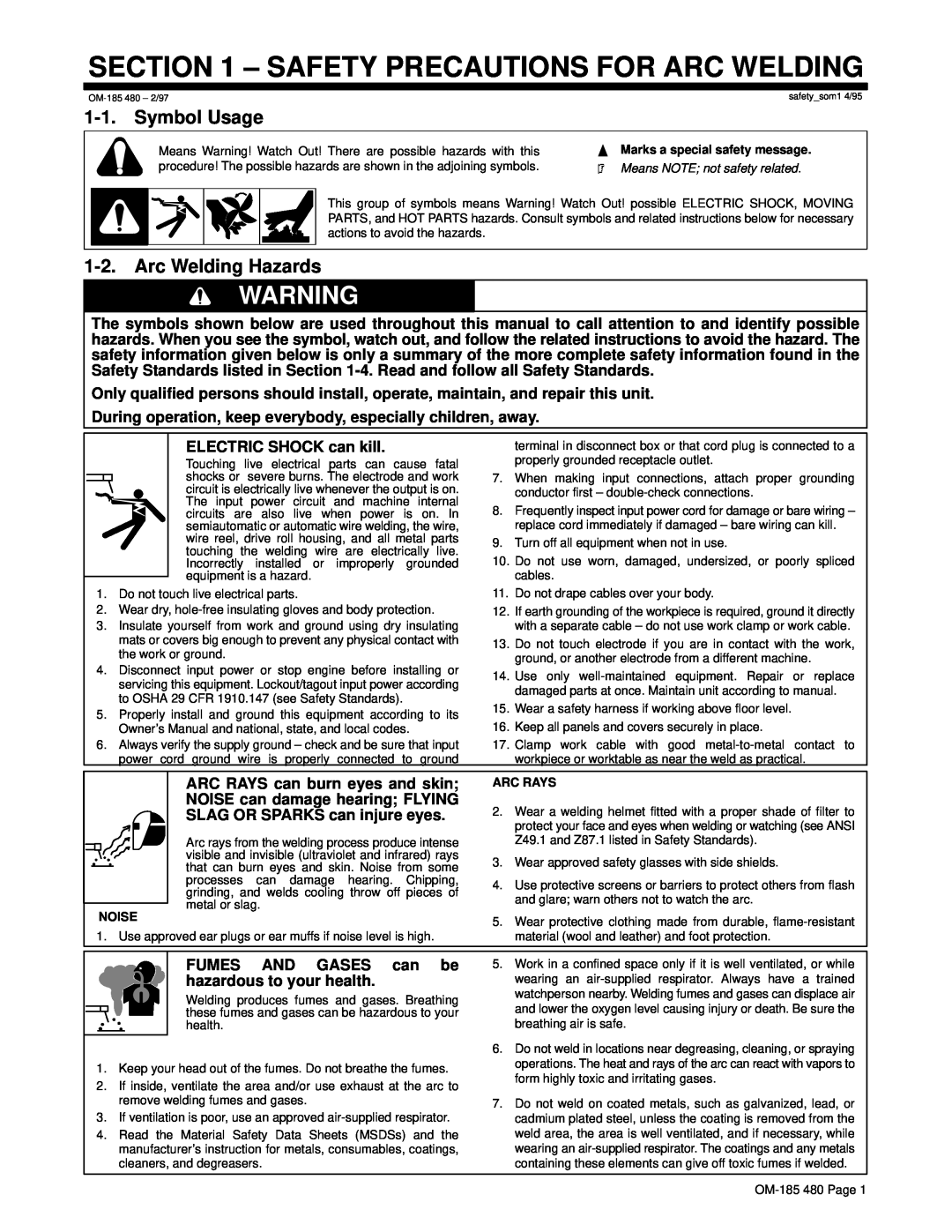 Hobart Welding Products HWC-115A Safety Precautions For Arc Welding, Symbol Usage, Arc Welding Hazards, Noise, Arc Rays 