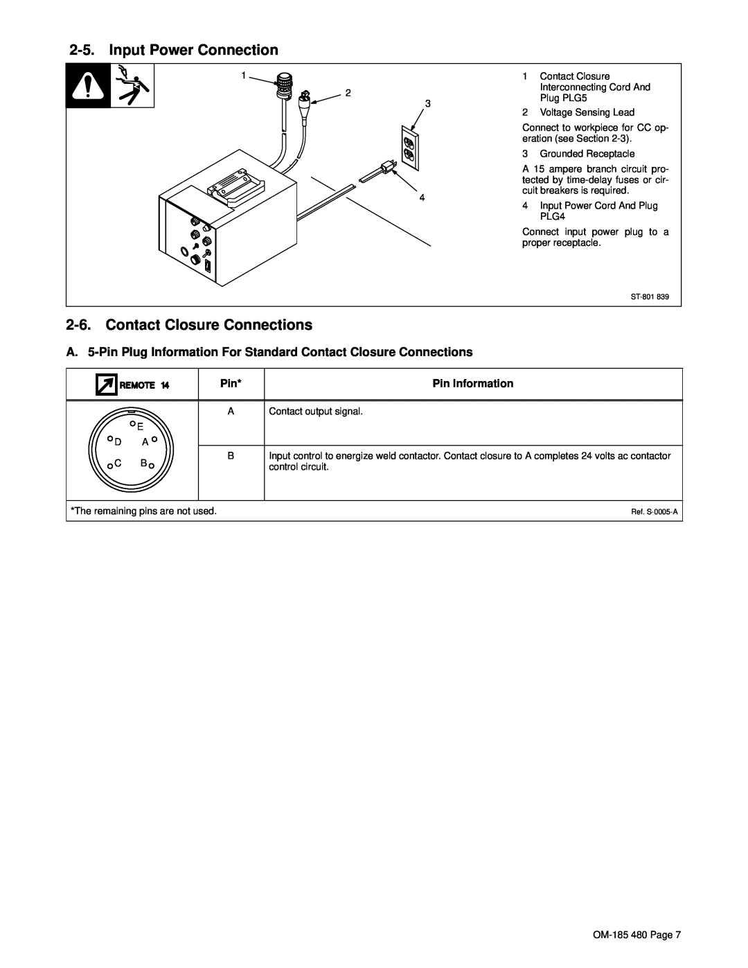 Hobart Welding Products HWC-115A manual Input Power Connection, Contact Closure Connections, Pin Information 