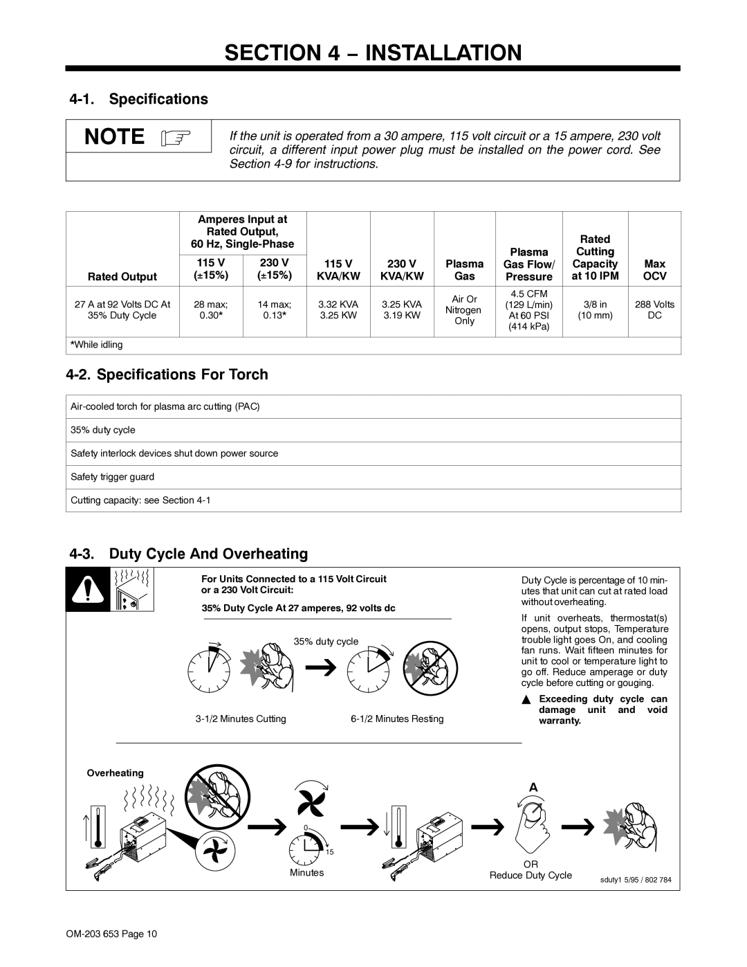 Hobart Welding Products ICE-27C, 400 manual Installation, Specifications For Torch, Duty Cycle And Overheating 