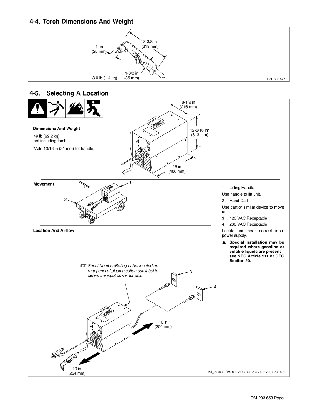 Hobart Welding Products 400, ICE-27C manual Torch Dimensions And Weight, Selecting a Location, Movement Location And Airflow 