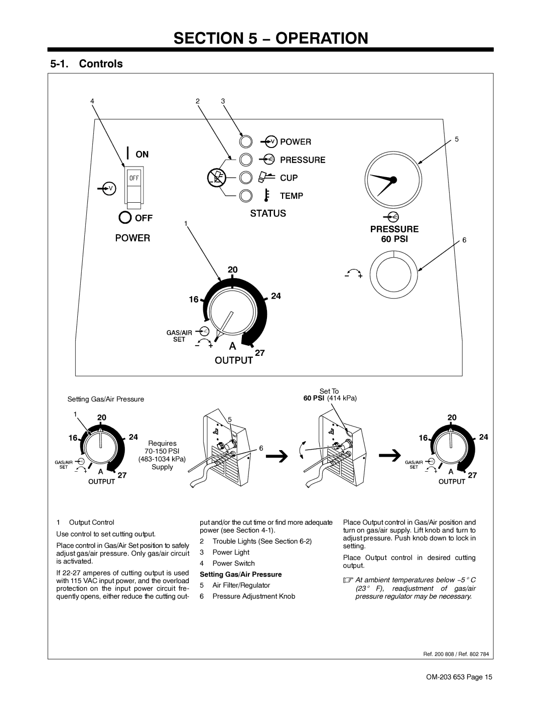 Hobart Welding Products 400, ICE-27C manual Operation, Controls, 60 PSI, Setting Gas/Air Pressure 