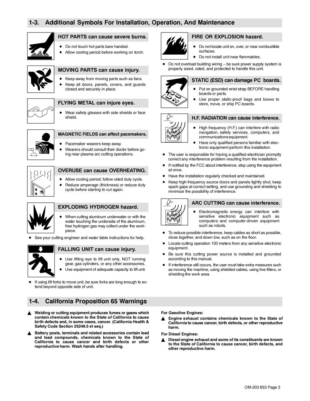 Hobart Welding Products 400, ICE-27C manual California Proposition 65 Warnings 