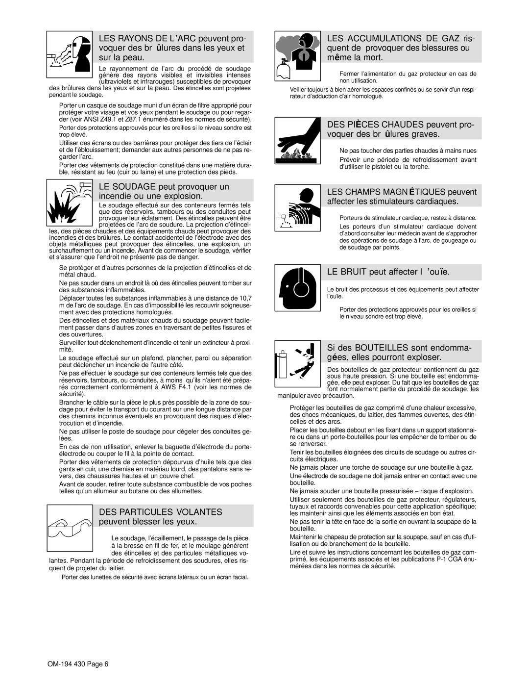 Hobart Welding Products M-25 GUN LE Soudage peut provoquer un incendie ou une explosion, LE Bruit peut affecter l’ouïe 