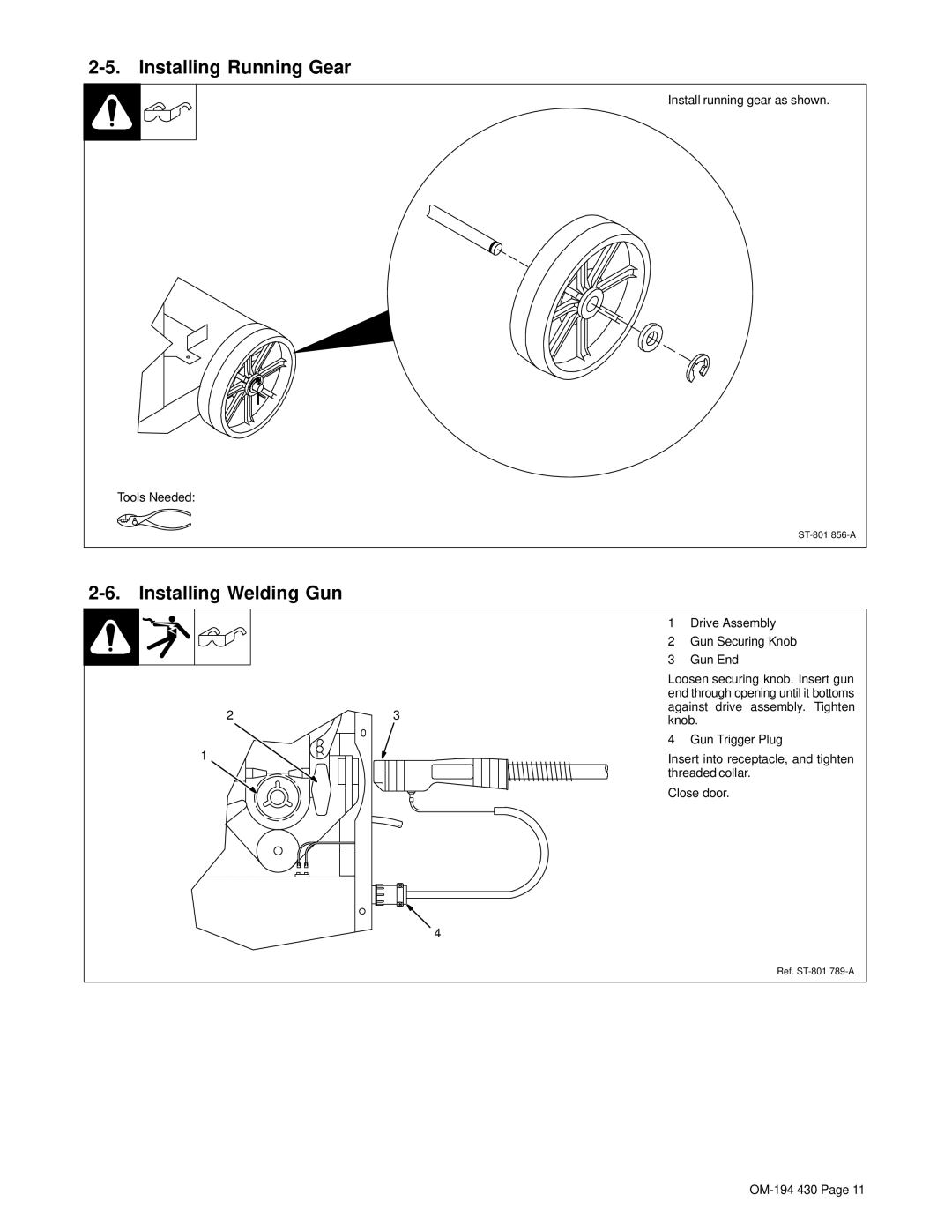 Hobart Welding Products 2510, M-25 GUN specifications Installing Running Gear, Installing Welding Gun 