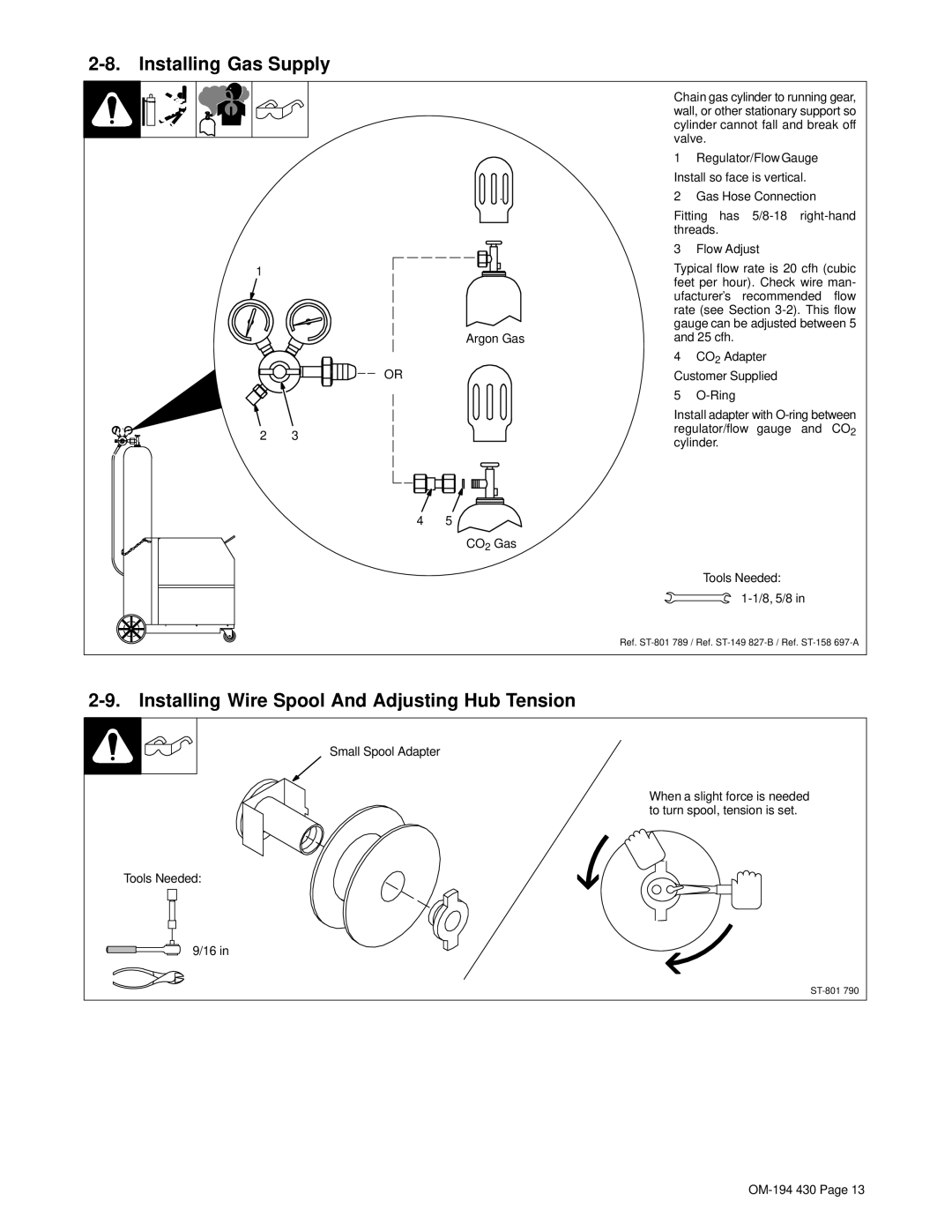 Hobart Welding Products 2510, M-25 GUN specifications Installing Gas Supply, Installing Wire Spool And Adjusting Hub Tension 