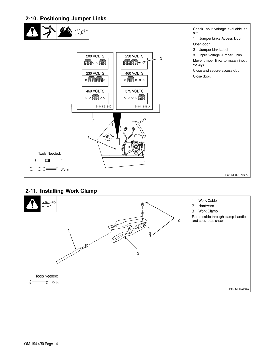 Hobart Welding Products M-25 GUN, 2510 specifications Positioning Jumper Links, Installing Work Clamp 