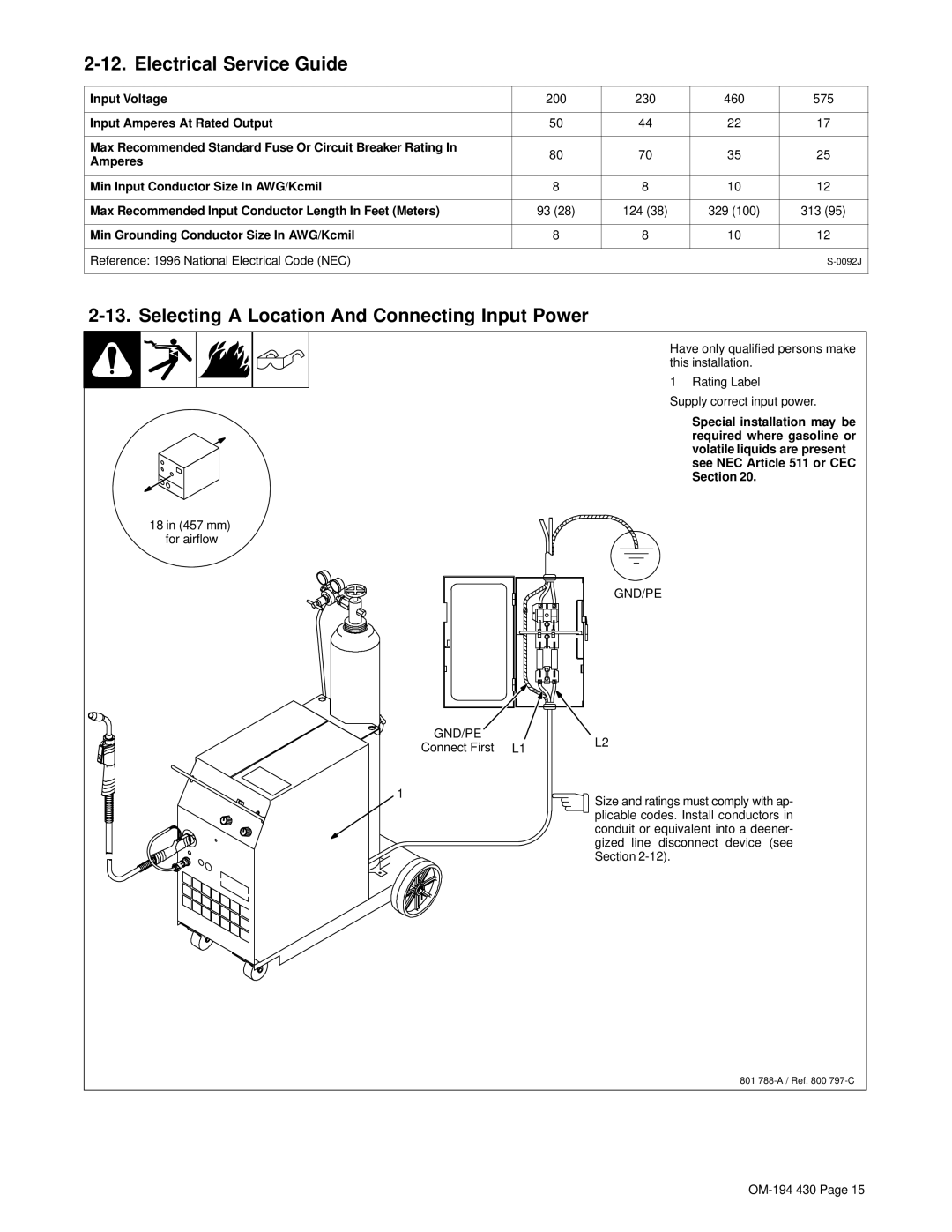 Hobart Welding Products 2510 Electrical Service Guide, Selecting a Location And Connecting Input Power, Input Voltage 