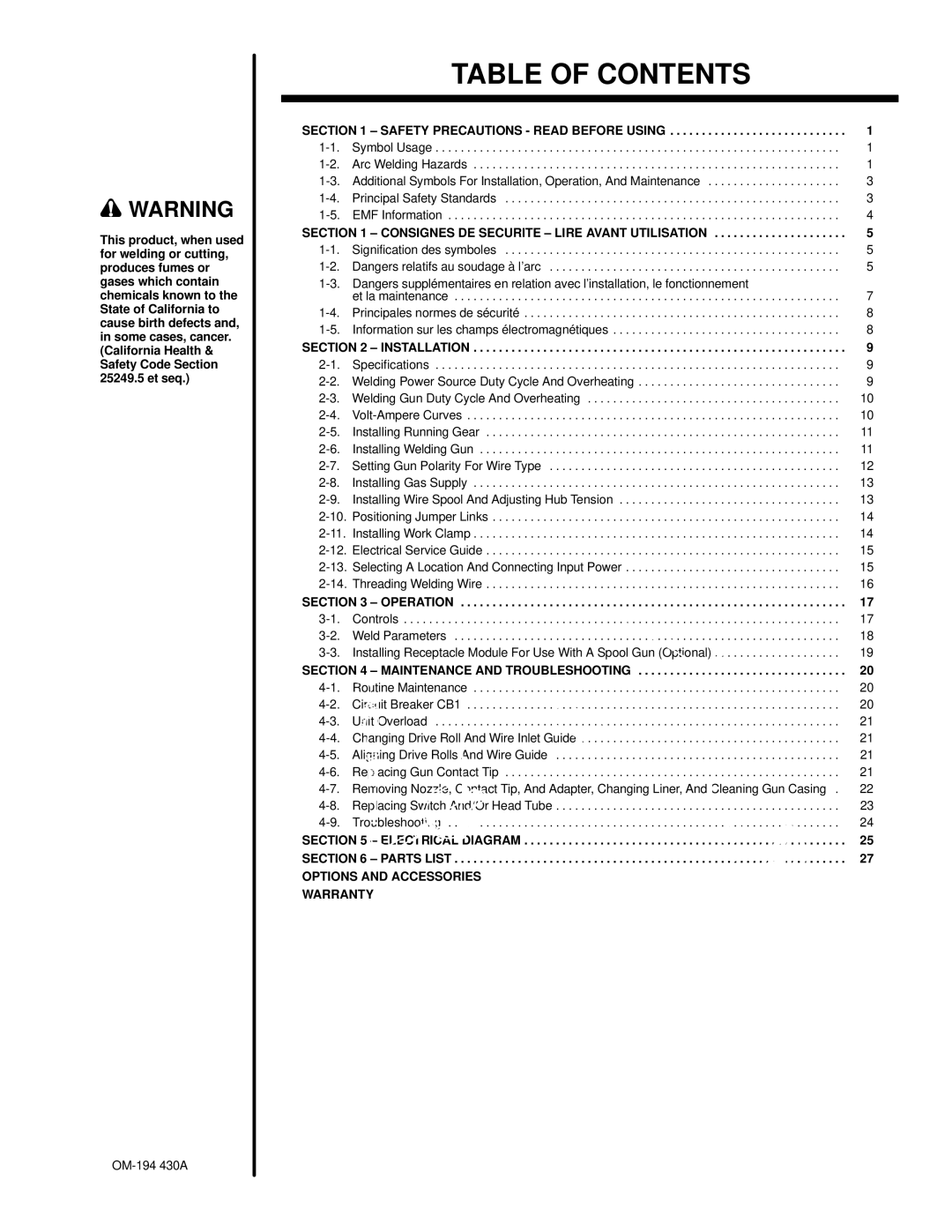 Hobart Welding Products 2510, M-25 GUN specifications Table of Contents 