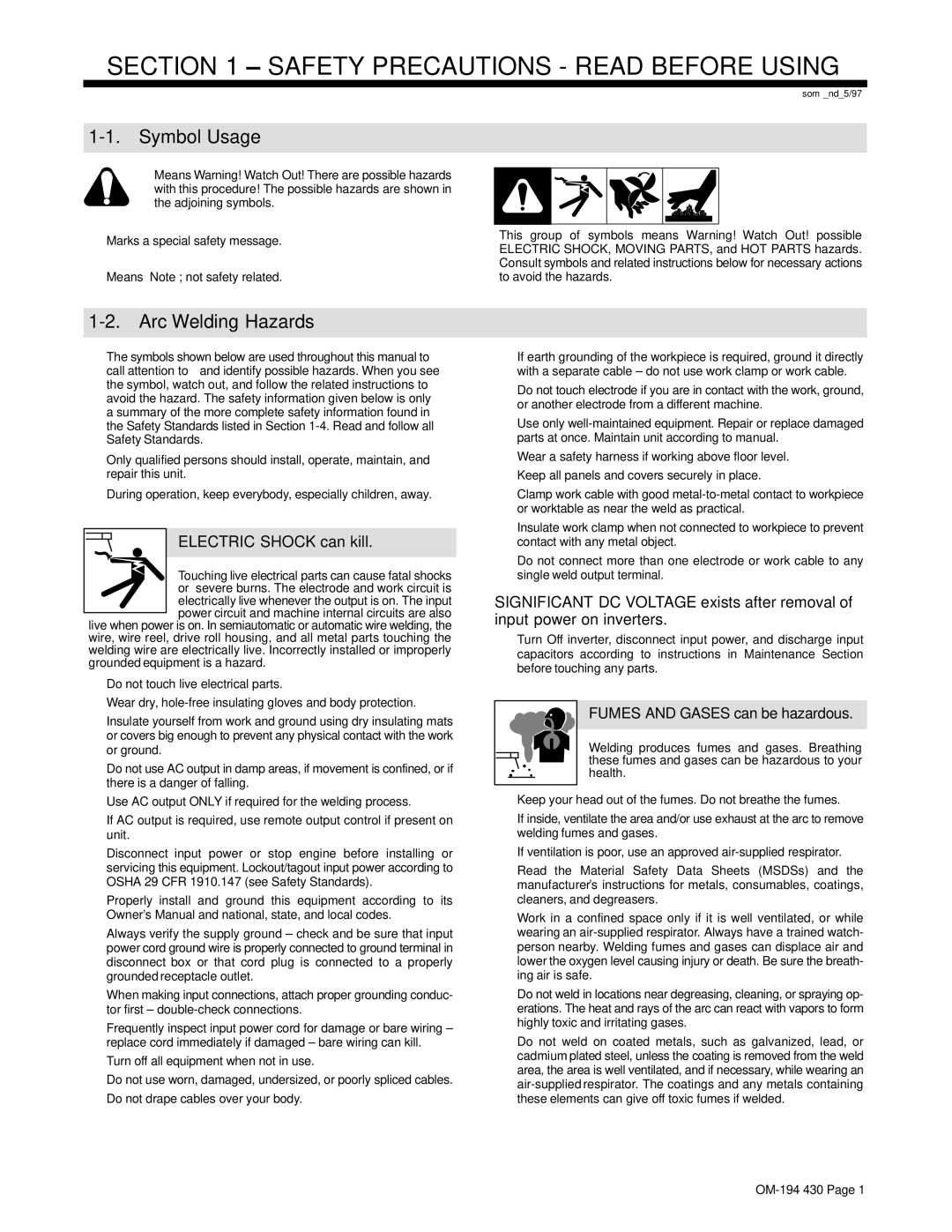 Hobart Welding Products 2510 Symbol Usage, Arc Welding Hazards, Electric Shock can kill, Fumes and Gases can be hazardous 