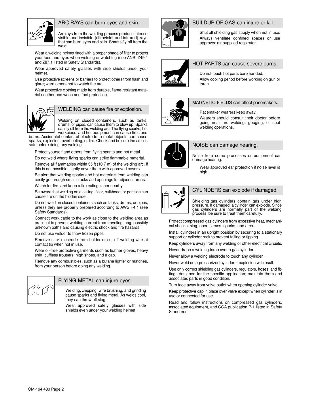 Hobart Welding Products M-25 GUN, 2510 specifications ARC Rays can burn eyes and skin, Welding can cause fire or explosion 