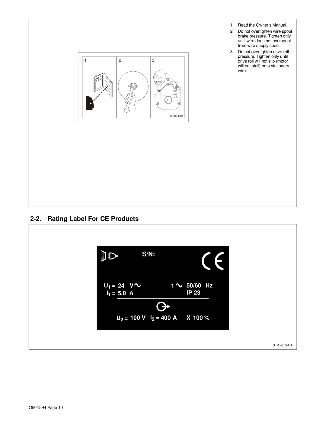 Hobart Welding Products OM-1594 manual Rating Label For CE Products 