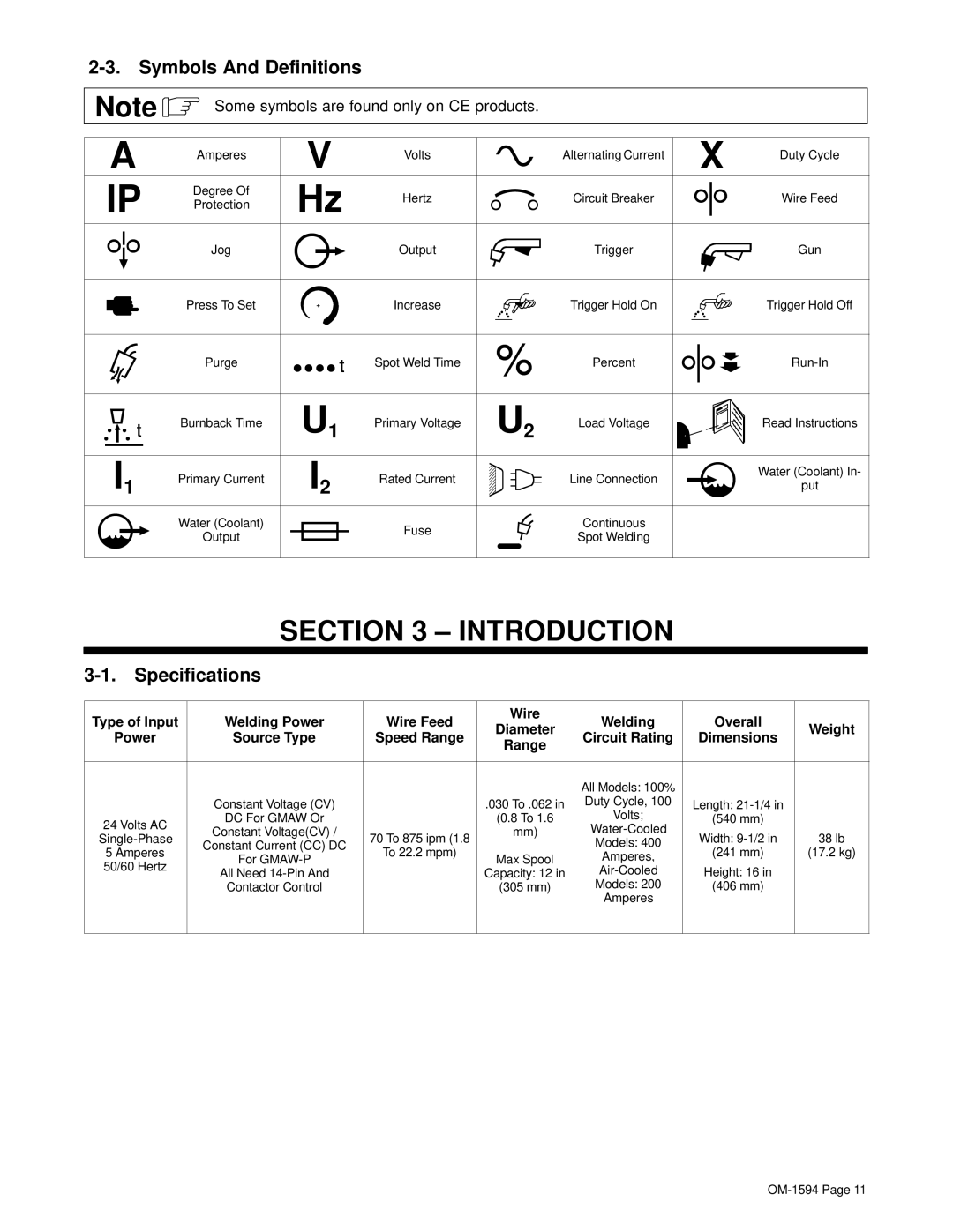 Hobart Welding Products OM-1594 manual Symbols And Definitions, Specifications, Diameter, Power 