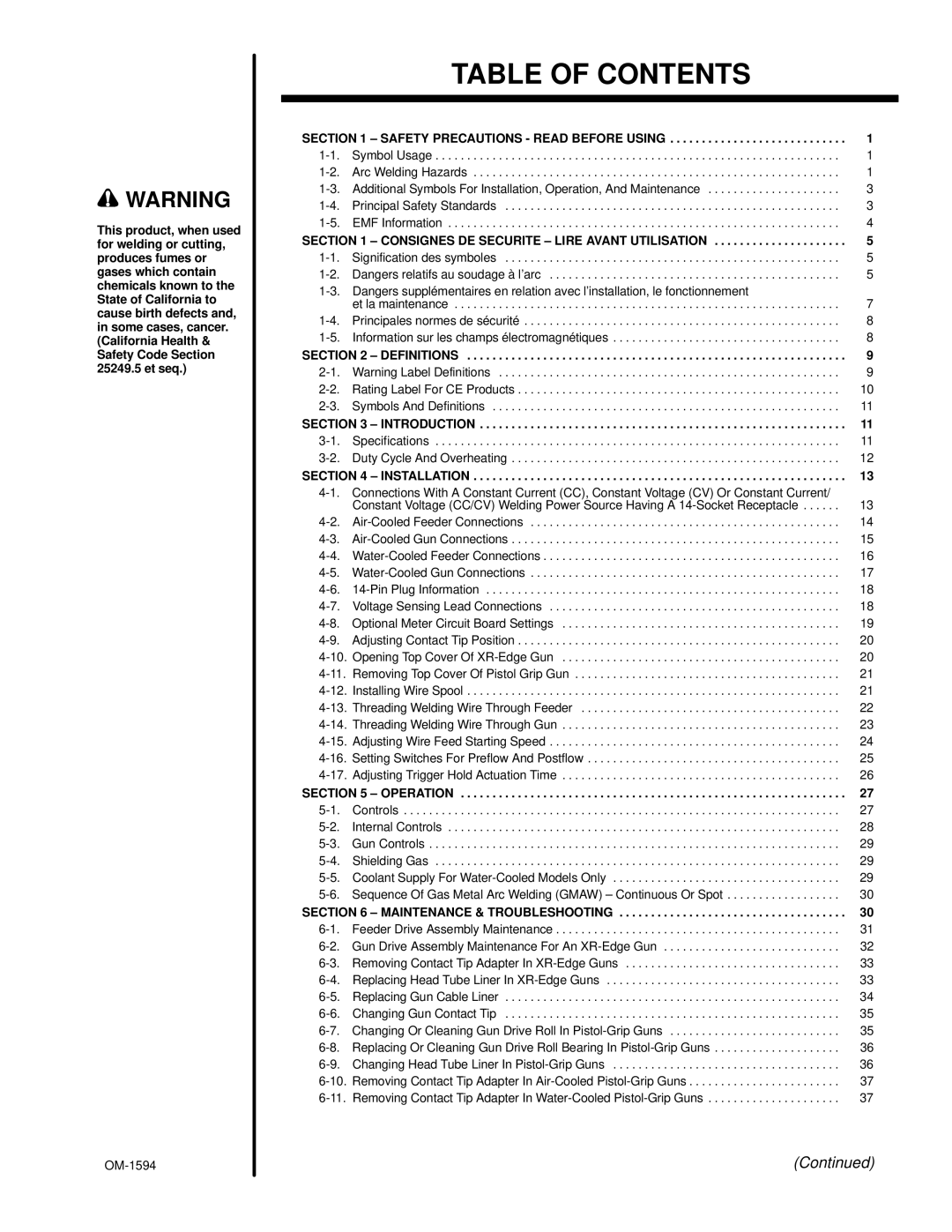 Hobart Welding Products OM-1594 manual Table of Contents 