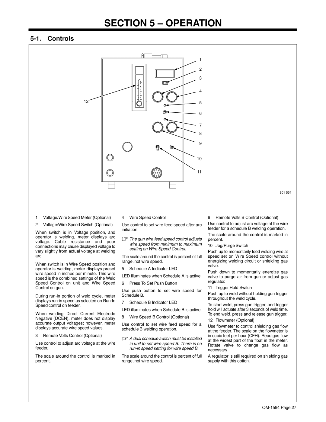 Hobart Welding Products OM-1594 manual Operation, Controls 