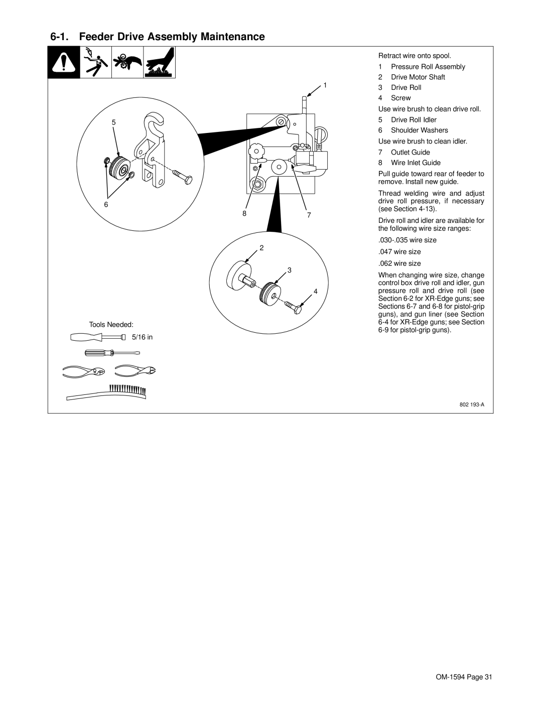 Hobart Welding Products OM-1594 manual Feeder Drive Assembly Maintenance, Wire size 