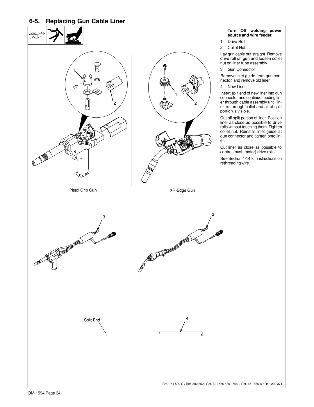 Hobart Welding Products OM-1594 manual Replacing Gun Cable Liner, Turn Off welding power Source and wire feeder 