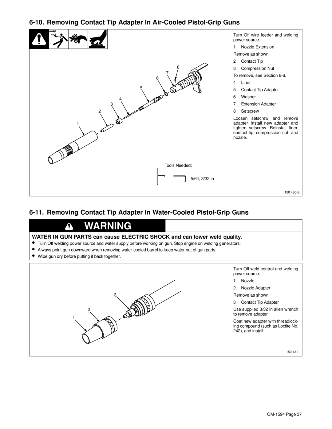 Hobart Welding Products OM-1594 manual Removing Contact Tip Adapter In Air-Cooled Pistol-Grip Guns 