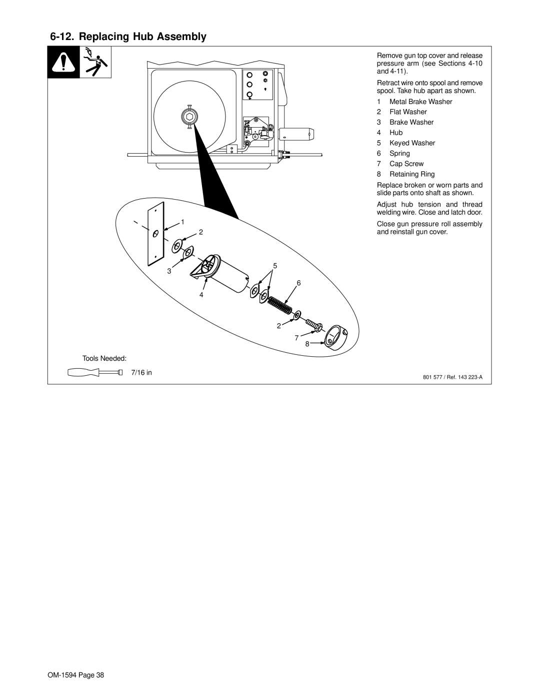 Hobart Welding Products OM-1594 manual Replacing Hub Assembly, Reinstall gun cover 