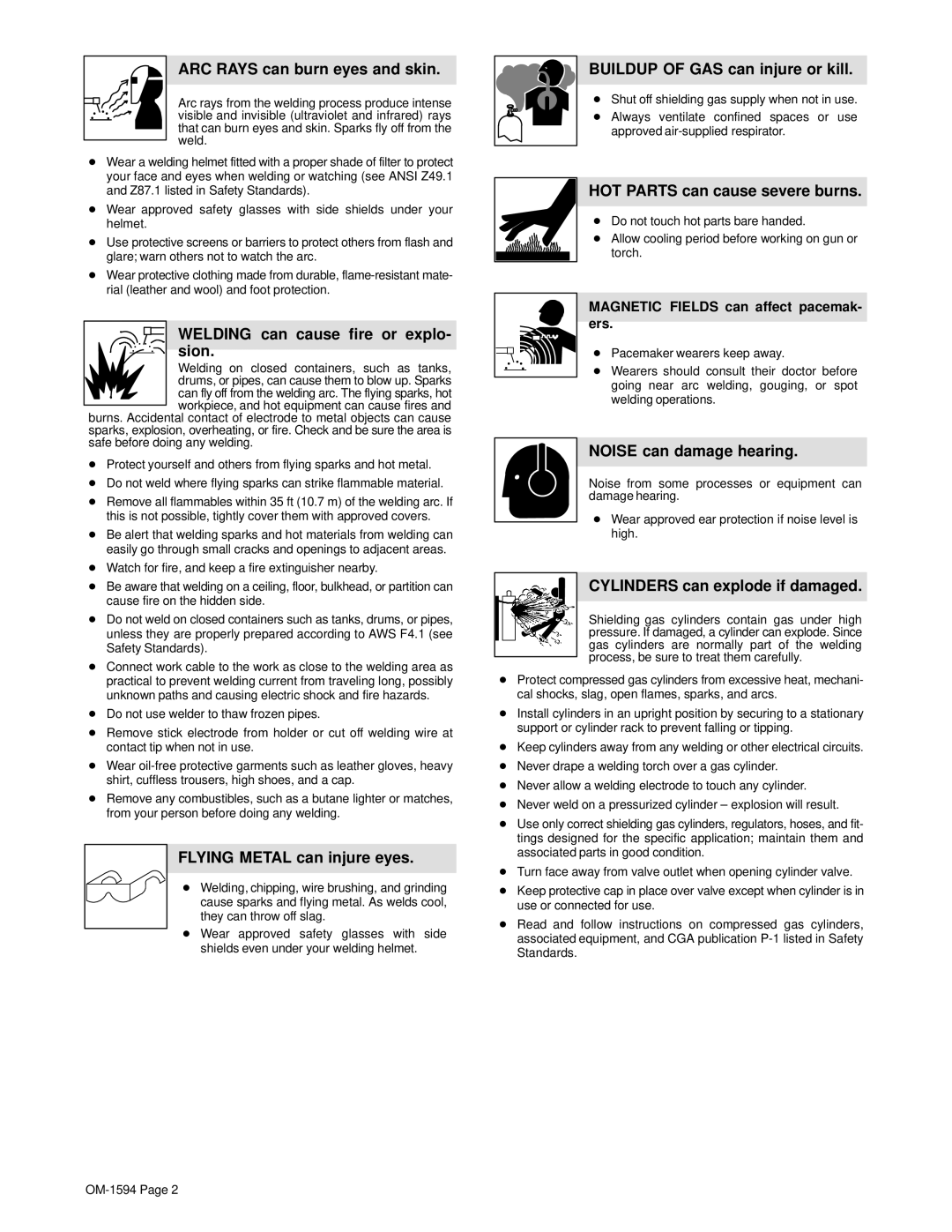 Hobart Welding Products OM-1594 manual ARC Rays can burn eyes and skin, Welding can cause fire or explo- sion 