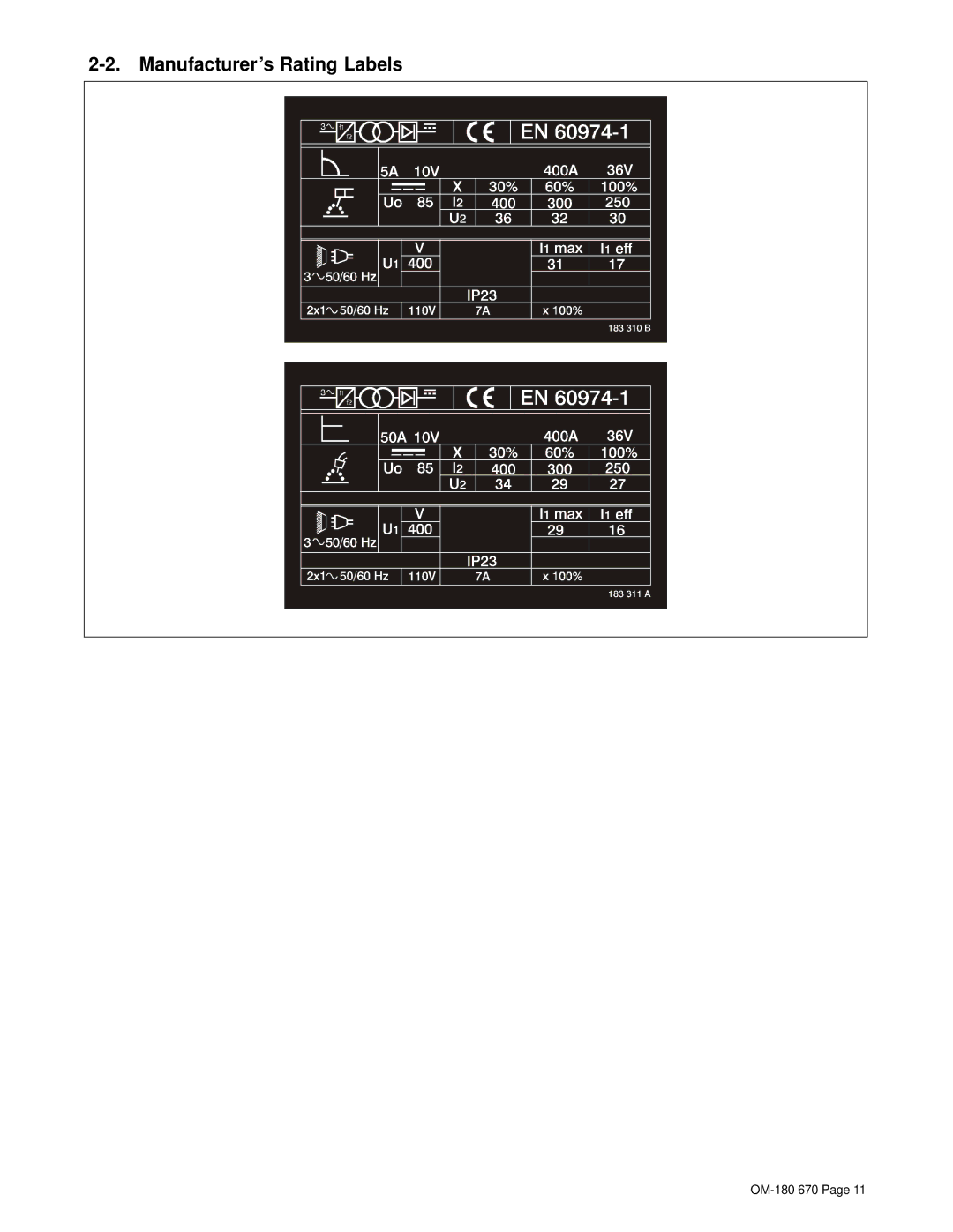 Hobart Welding Products OM-180 670Q manual Manufacturer’s Rating Labels 