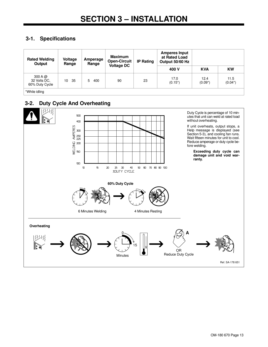 Hobart Welding Products OM-180 670Q manual Installation, Specifications, Duty Cycle And Overheating 