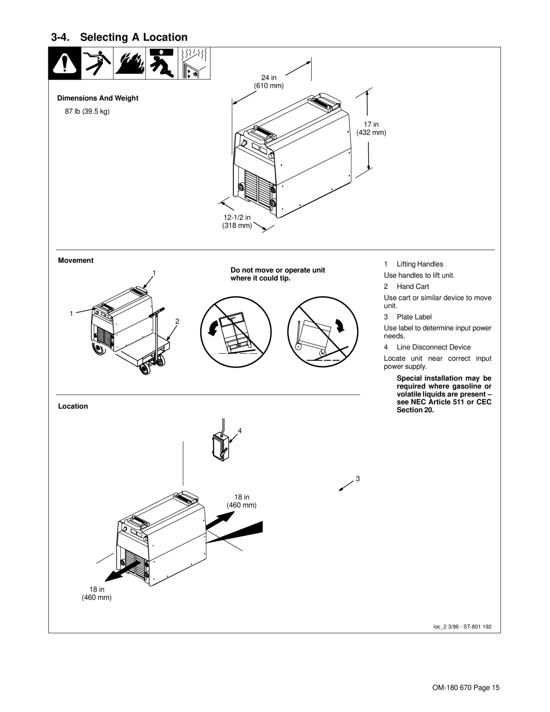 Hobart Welding Products OM-180 670Q manual Selecting a Location, Dimensions And Weight, Movement 