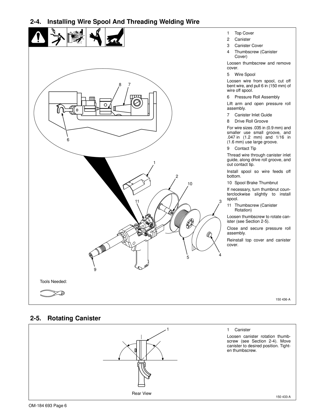 Hobart Welding Products OM-184 693C manual Installing Wire Spool And Threading Welding Wire, Rotating Canister 