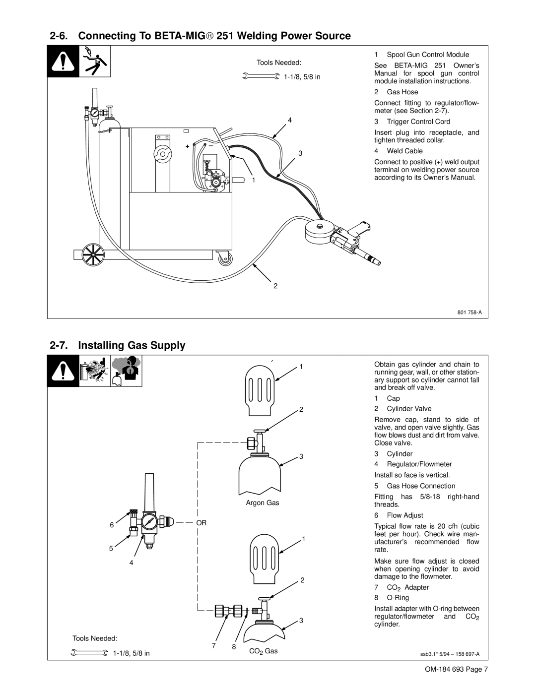 Hobart Welding Products OM-184 693C manual Connecting To BETA-MIG251 Welding Power Source, Installing Gas Supply 