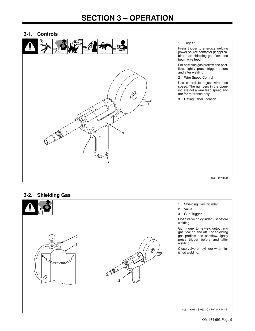 Hobart Welding Products OM-184 693C manual ± Operation, Controls, Shielding Gas 