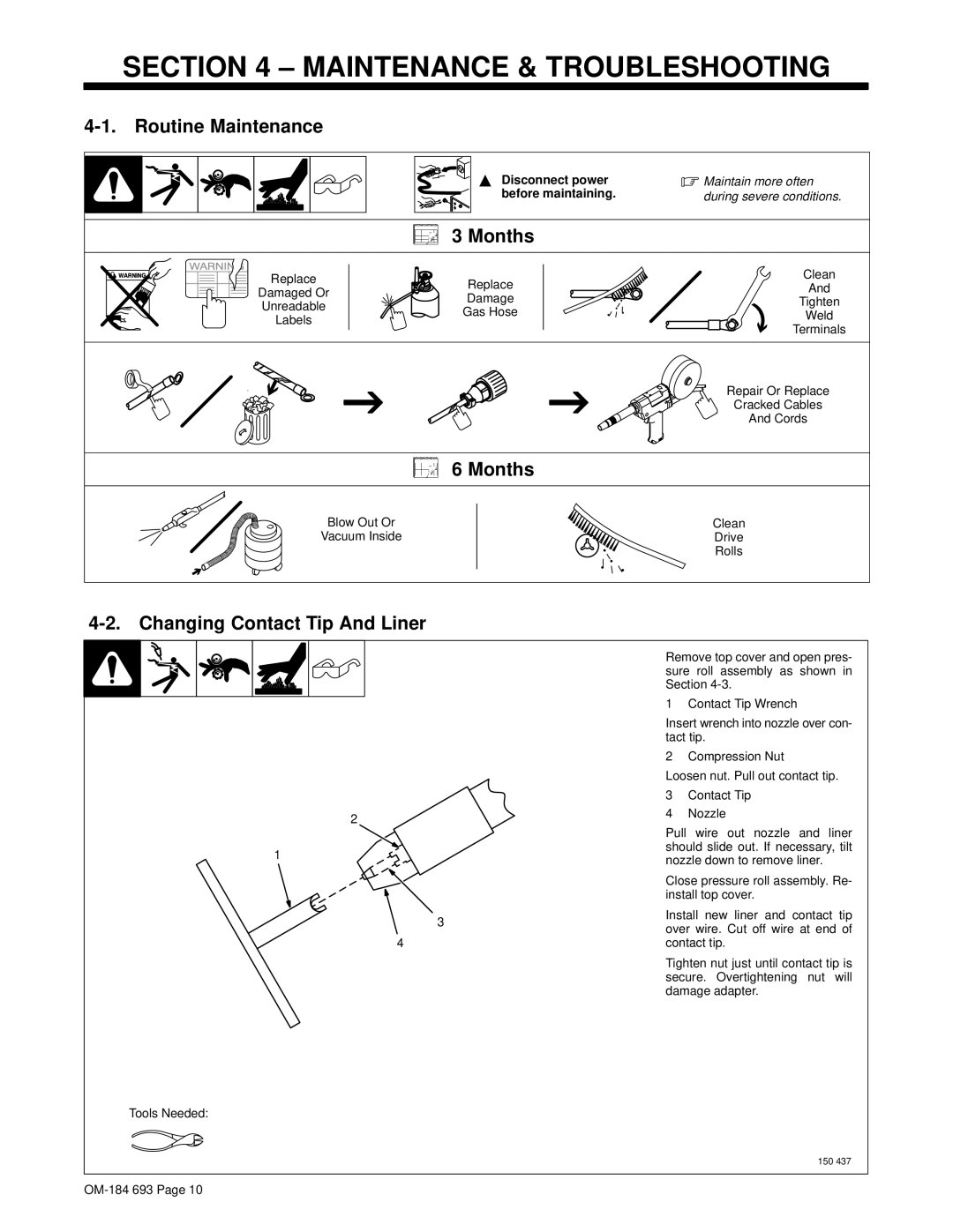 Hobart Welding Products OM-184 693C manual ± Maintenance & Troubleshooting, Changing Contact Tip And Liner 