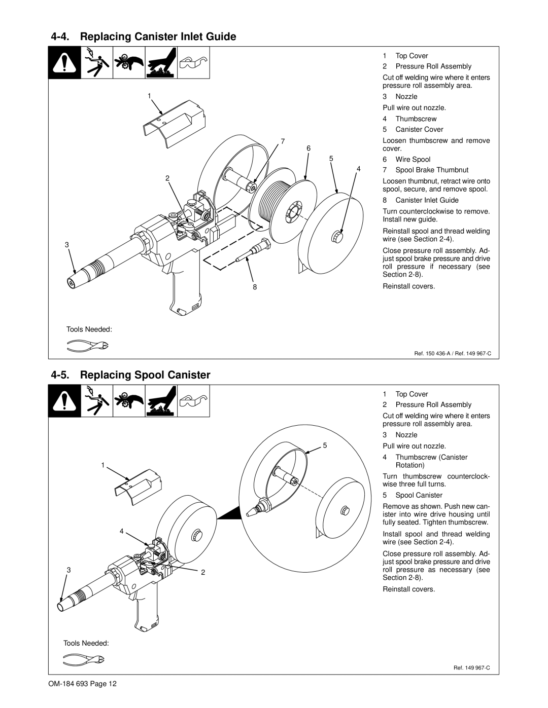 Hobart Welding Products OM-184 693C manual Replacing Canister Inlet Guide, Replacing Spool Canister 