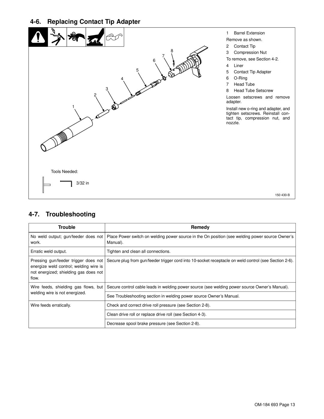 Hobart Welding Products OM-184 693C manual Replacing Contact Tip Adapter, Troubleshooting 