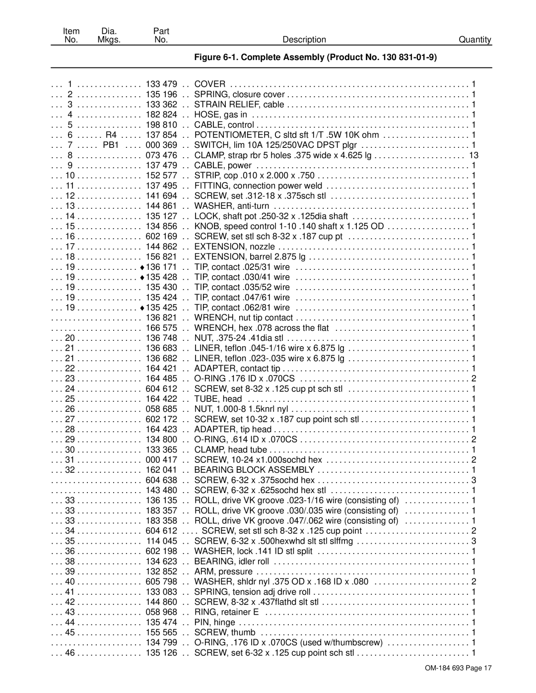 Hobart Welding Products OM-184 693C manual Complete Assembly Product No 