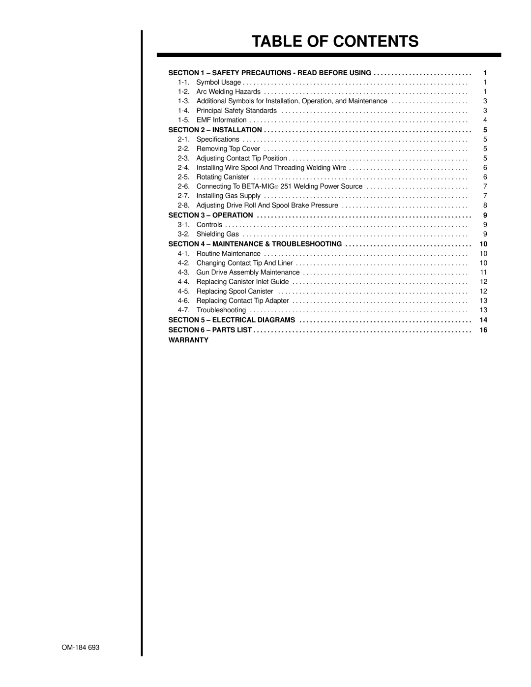 Hobart Welding Products OM-184 693C manual Table of Contents 