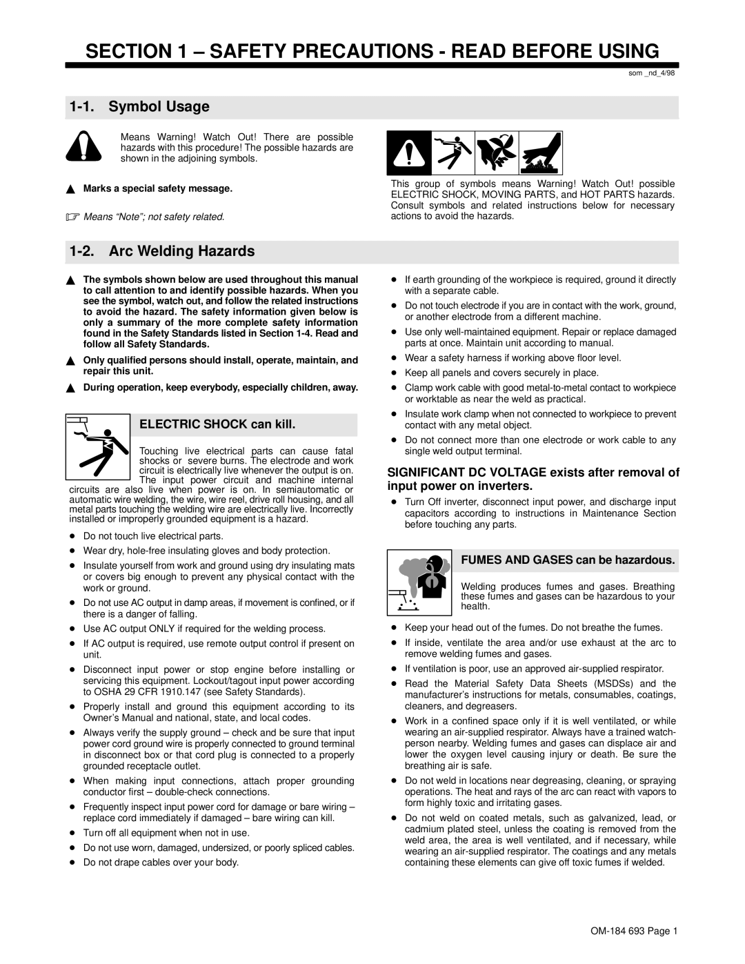 Hobart Welding Products OM-184 693C manual Symbol Usage, Arc Welding Hazards, Electric Shock can kill 