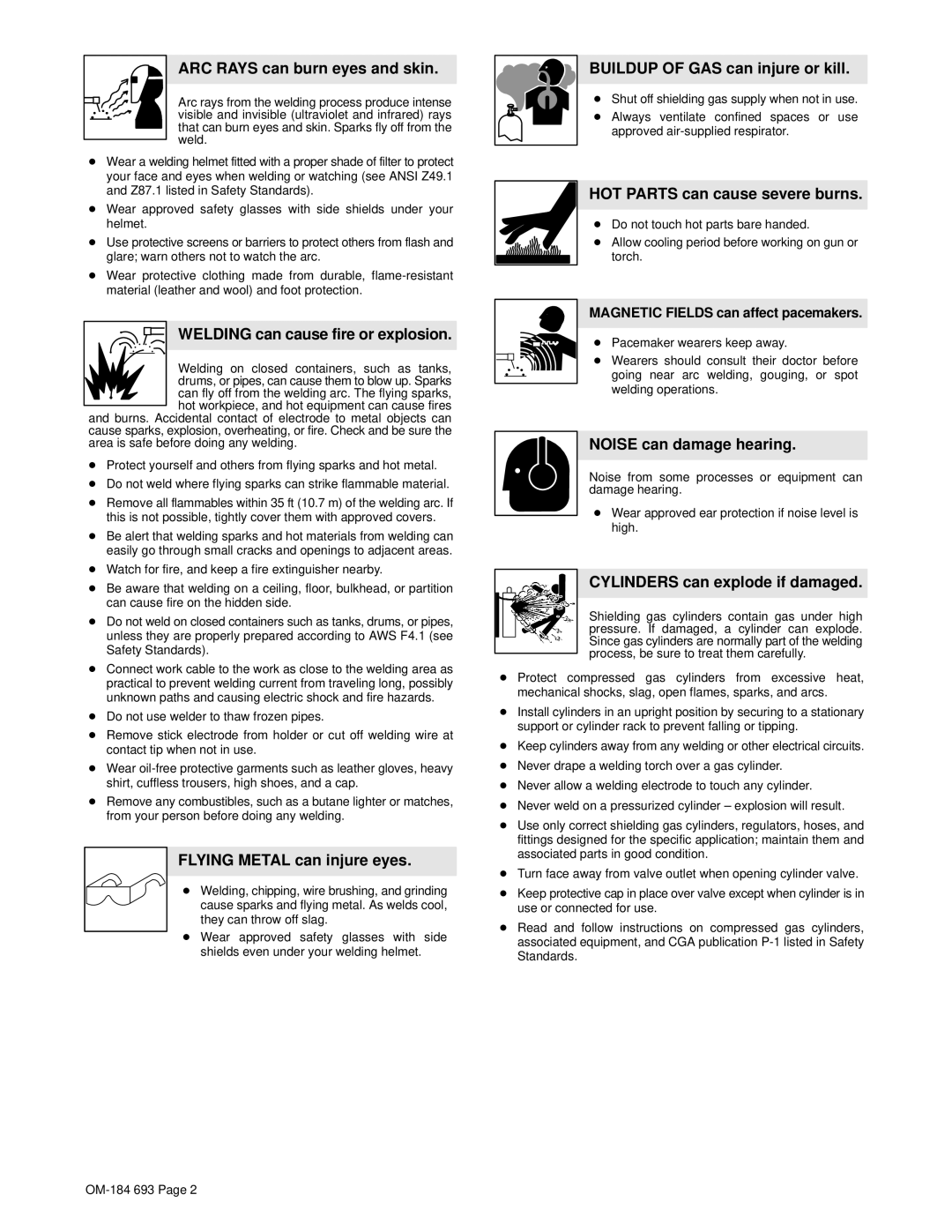 Hobart Welding Products OM-184 693C manual ARC Rays can burn eyes and skin, Welding can cause fire or explosion 