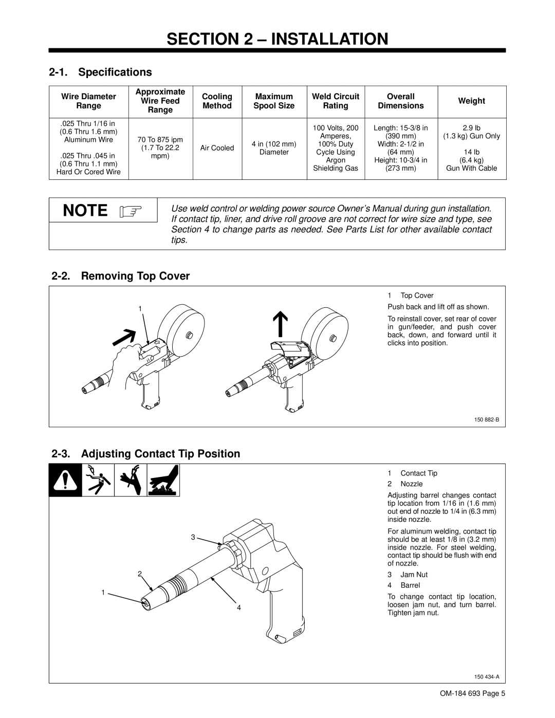 Hobart Welding Products OM-184 693C ± Installation, Specifications, Removing Top Cover, Adjusting Contact Tip Position 