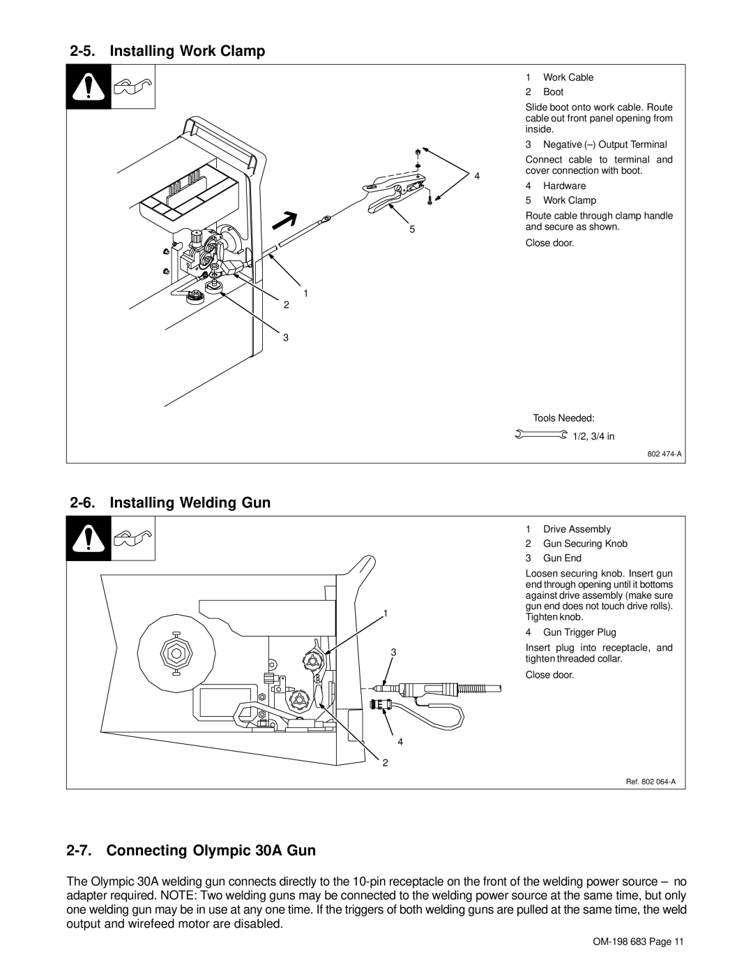 Hobart Welding Products OM-198 683C manual Installing Work Clamp, Installing Welding Gun, Connecting Olympic 30A Gun 