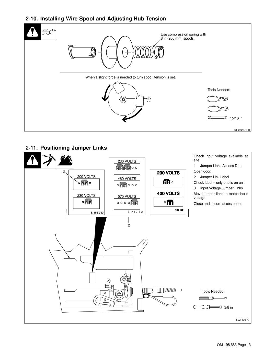 Hobart Welding Products OM-198 683C manual Installing Wire Spool and Adjusting Hub Tension, Positioning Jumper Links 