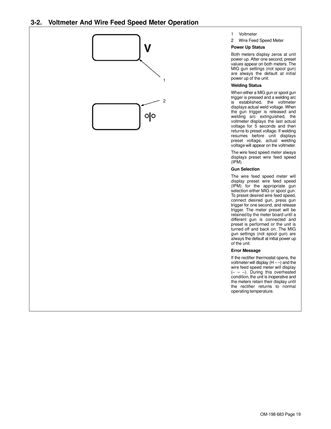 Hobart Welding Products OM-198 683C manual Voltmeter And Wire Feed Speed Meter Operation, Power Up Status, Welding Status 