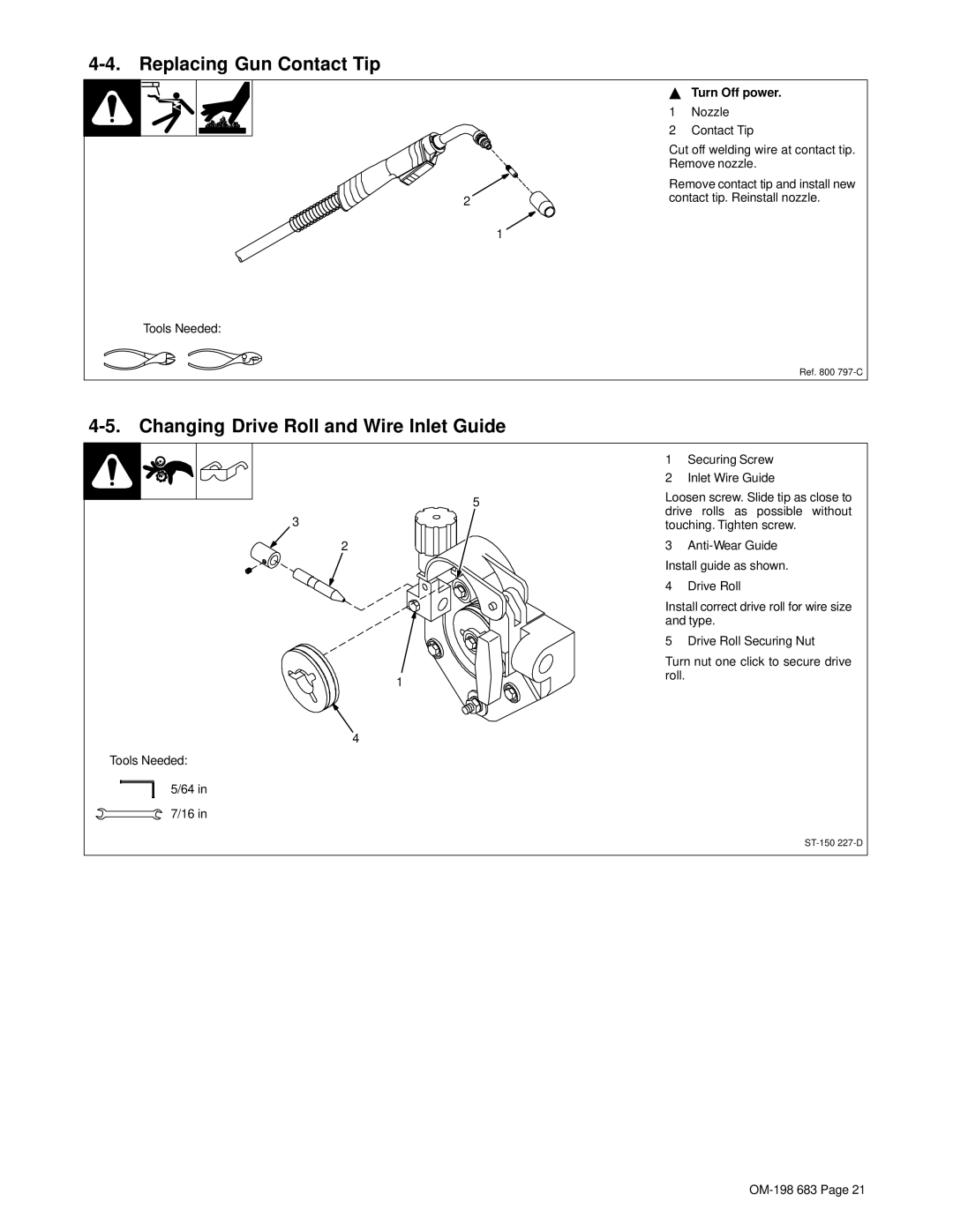 Hobart Welding Products OM-198 683C Replacing Gun Contact Tip, Changing Drive Roll and Wire Inlet Guide, Turn Off power 