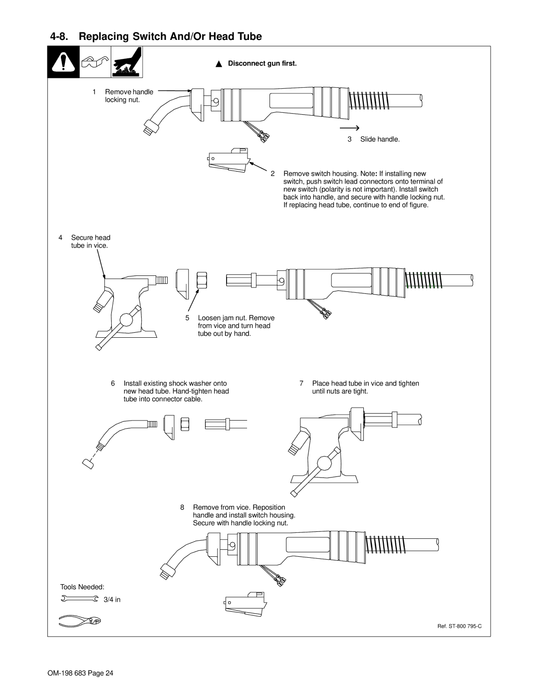 Hobart Welding Products OM-198 683C manual Replacing Switch And/Or Head Tube, Disconnect gun first 