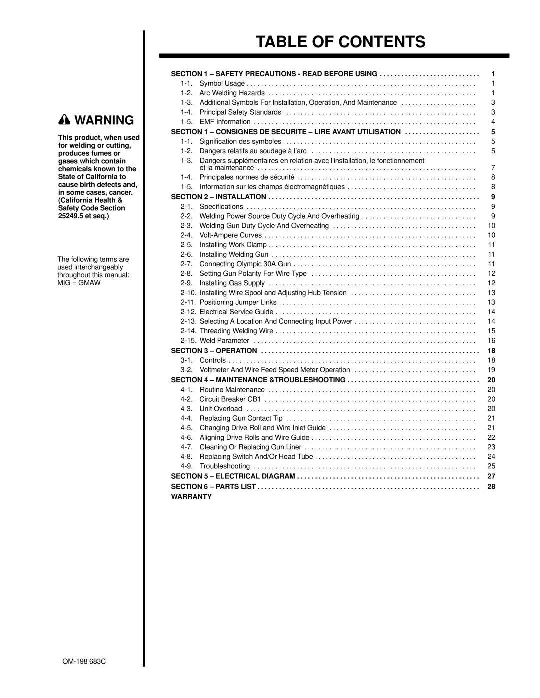 Hobart Welding Products OM-198 683C manual Table of Contents 