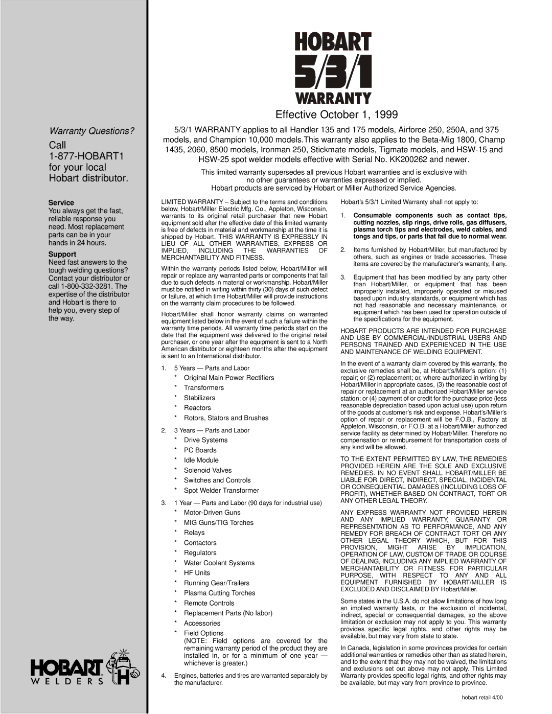 Hobart Welding Products OM-198 683C manual Service, Support 