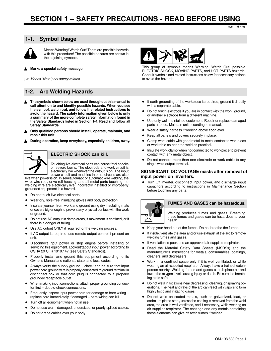 Hobart Welding Products OM-198 683C manual Symbol Usage, Arc Welding Hazards, Electric Shock can kill 