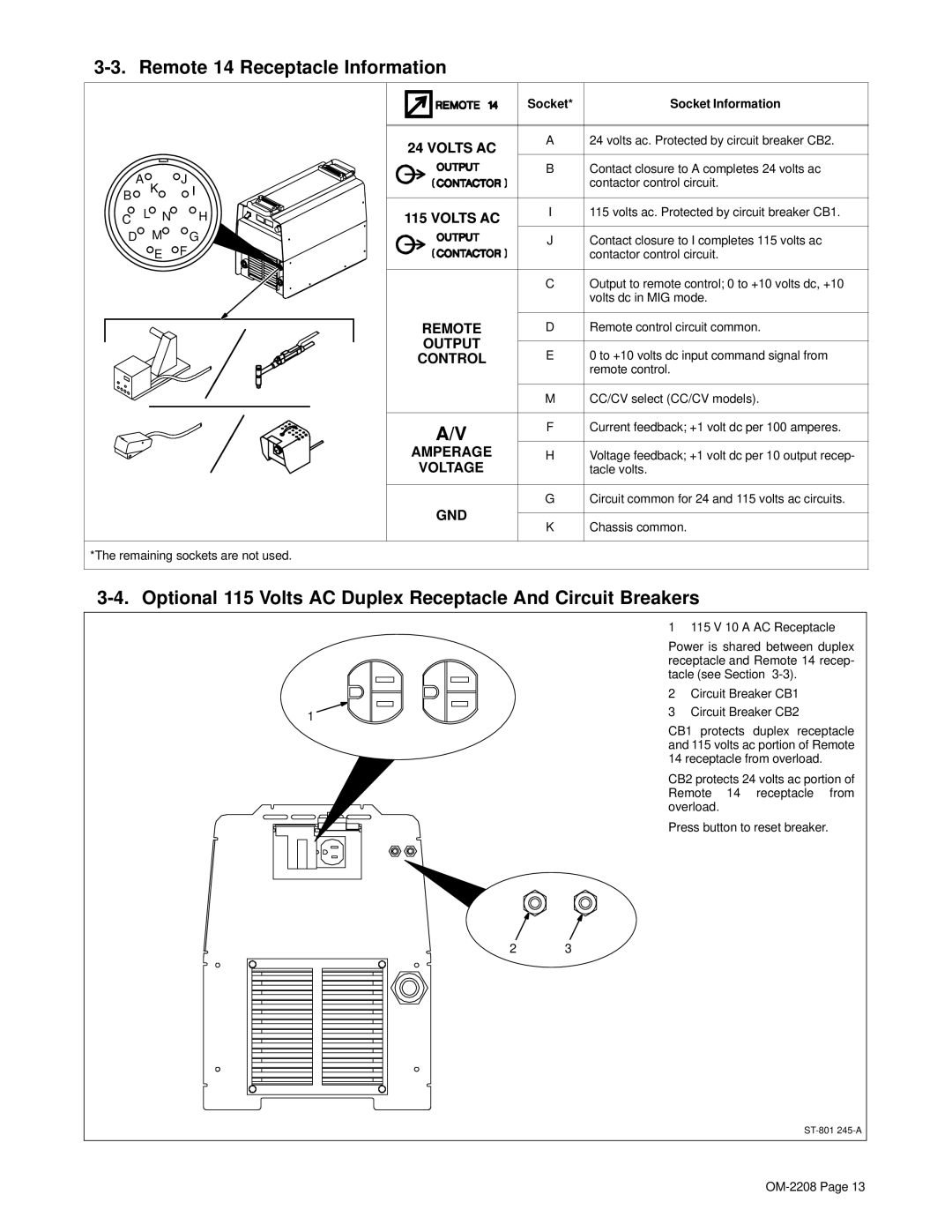 Hobart Welding Products OM-2208 manual Remote 14 Receptacle Information, Socket Information 