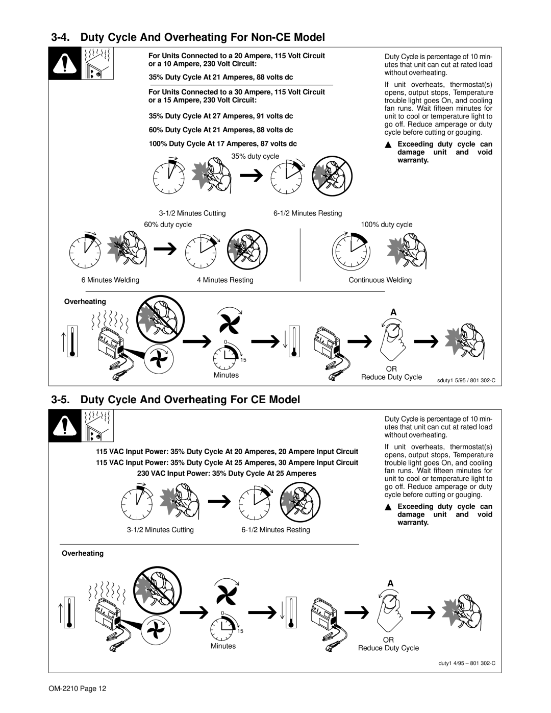 Hobart Welding Products OM-2210 manual Duty Cycle And Overheating For Non-CE Model, Duty Cycle And Overheating For CE Model 