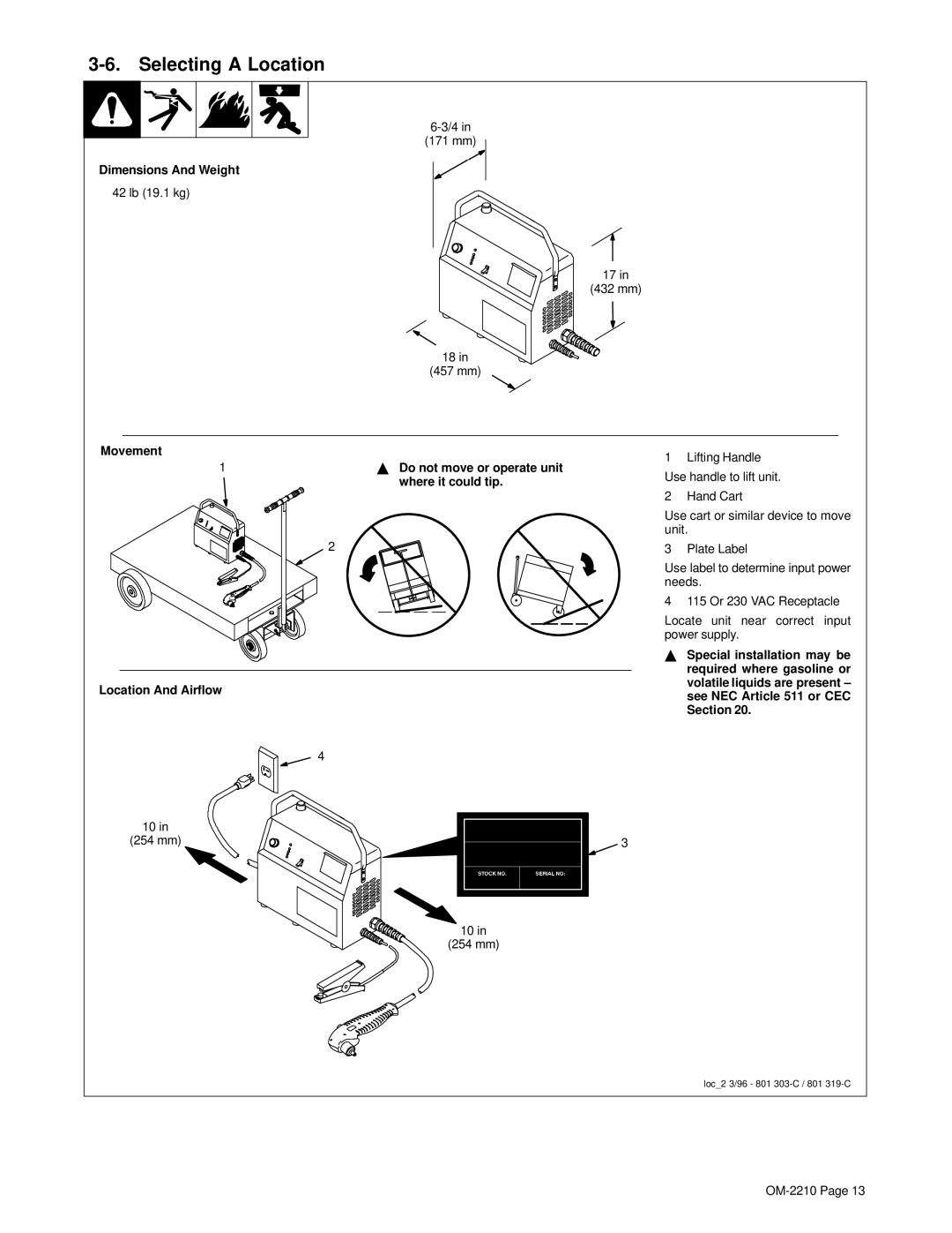 Hobart Welding Products OM-2210 manual Selecting a Location, Dimensions And Weight 