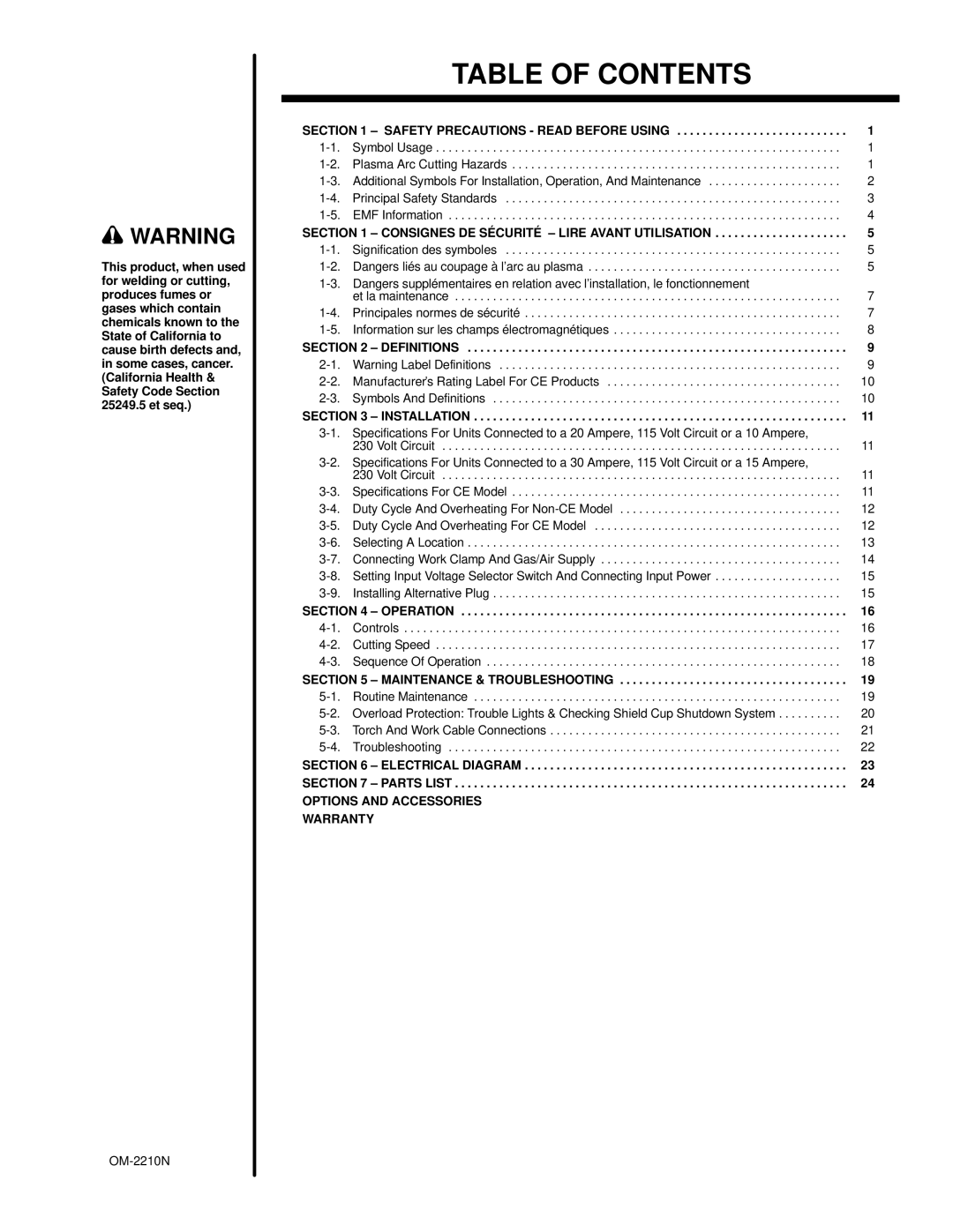 Hobart Welding Products OM-2210 manual Table of Contents 