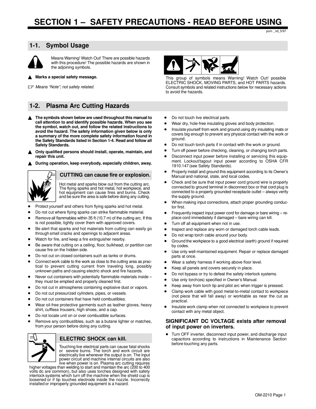 Hobart Welding Products OM-2210 manual Symbol Usage, Plasma Arc Cutting Hazards, Cutting can cause fire or explosion 